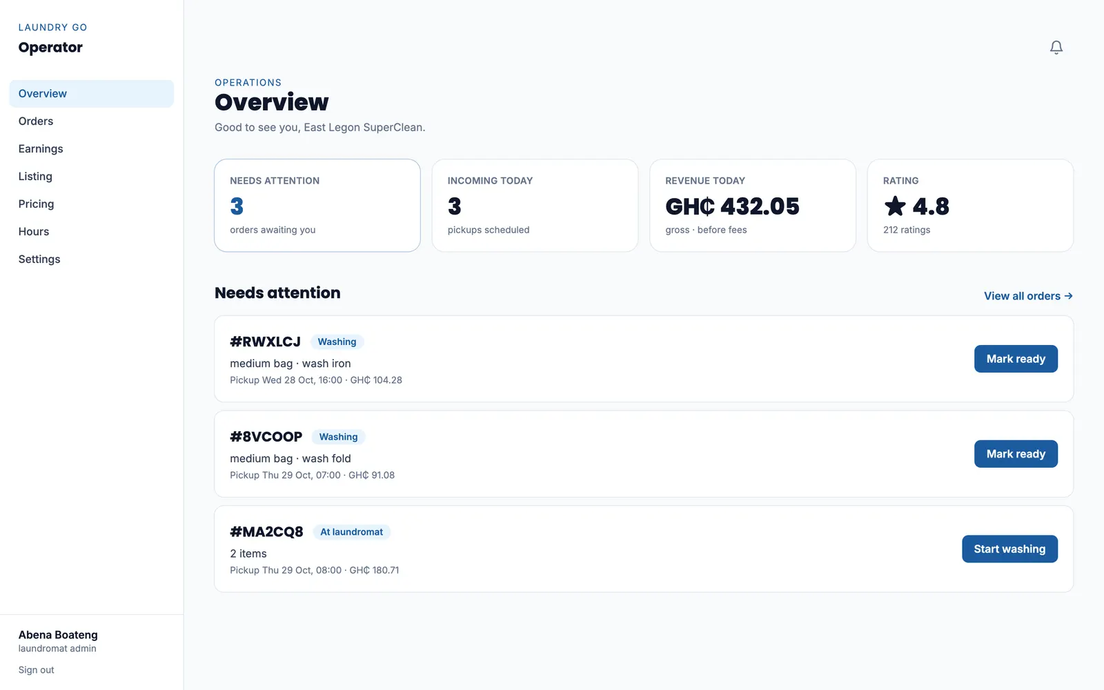 Laundromat dashboard overview