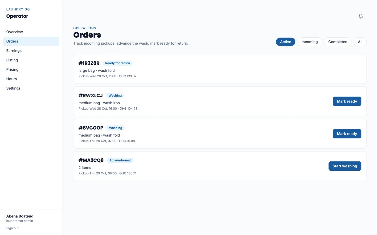 Laundromat dashboard order list