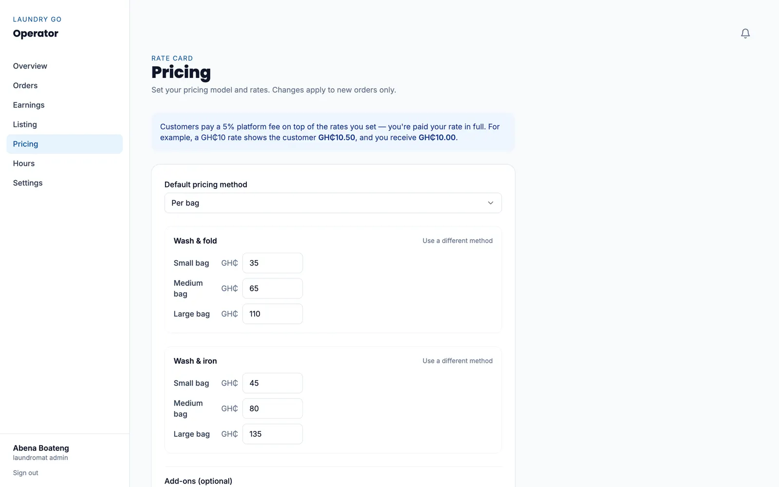 Laundromat pricing settings