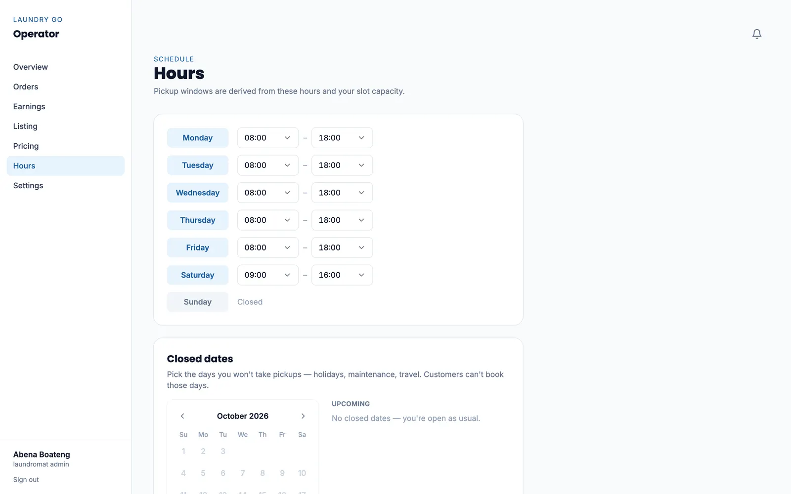 Laundromat opening hours settings