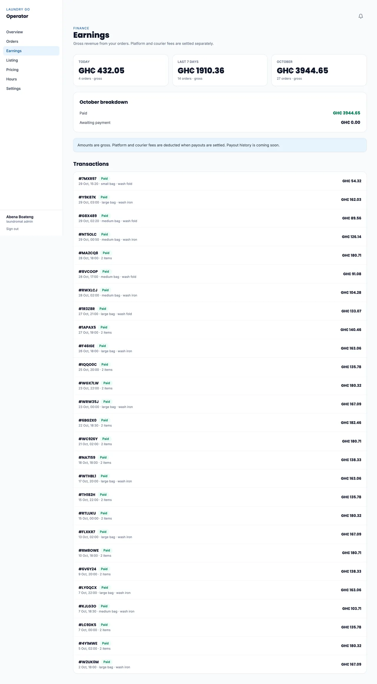 Laundromat earnings dashboard