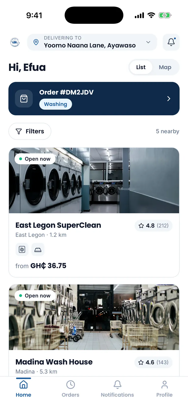 Customer app home screen listing nearby laundromats