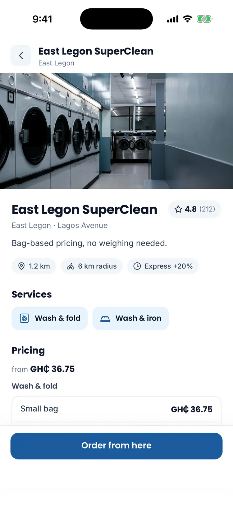 Laundromat page with an Order from here button