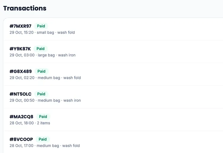 Transactions, each tied to an order, a bag size and a service